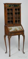 Queen Anne Chinoiseriestyle Glazed and Reversepainted Glass Mahogany and Mahogany Veneer Ladys Slantlid Writing Desk Bookcase