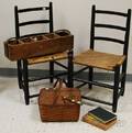 Pair of Blackpainted Slatback Side Chairs a Wooden Tool Carrier Tools and a Splint Picnic Basket