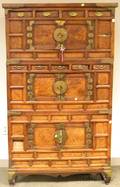 Asian Brassmounted Wood and Burl Veneer Threepart Tansu Chest