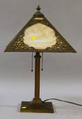 Late Victorian Patinated Metal and Carmel Slag Glass Table Lamp