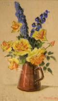 Mae Bennett Brown American 18871973 Delphiniums and Yellow Roses in a Copper Pitcher