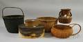 Two Shaker Oval Wooden Finger Lapsided Covered Boxes and Four Woven Baskets