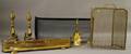 Pair of Brass Urntop Andirons a Small Brass Fireplace Fender One Brass and Wire Fireplace Fender and a Brass and Wire Folding Firep