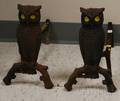 Pair of Cast Iron Owl Figural Andirons with Yellow Glass Eyes