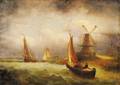 Dutch School 19th Century Ketches and Coastal Craft in a Bluster with a Windmill