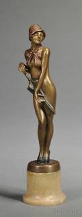 After Bruno Zach Austrian 18911935 Small Bronze Figure of a Girl with Umbrella
