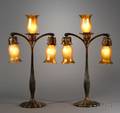 Pair of Art Nouveau Mantel Lamps with Quezal Shades