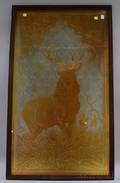 Late Victorian Amber Stained Acid Etched Glass Panel Depicting a Stag Amidst Oak Leaves