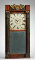 Orrin Hart Stencil Decorated PartEbonized and Mahogany Veneer Half Column and Splat Shelf Clock