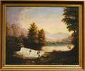 19th Century American School Oil on Canvas Landscape with Waterfall and a Figure