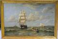 19th Century American School Oil on Canvas Greeting the Tall Ship a Harbor Scene