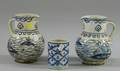 Pair of Cobalt Ducks Decorated Pottery Pitchers and a Tumbler with Lattice Decoration