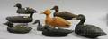 Eight Carved and Painted Wooden Working Duck Decoys and a Cork and Wooden Duck Decoy