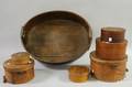 Large Oval Wooden Lapsided Carrier and Six Assorted Circular Wooden Lapsided Boxes with Covers
