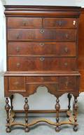William  Mary Style Walnut and Burl Walnut Veneer and Crossbanded Highboy