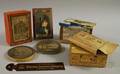 Seven Assorted 19th Century Retail and Decorated Paper Boxes and a Metal Advertising Travelers Insurance Company Page Marker