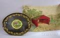 Covered Bridge in Landscape Pictorial Hooked Rug and an Oval Gilt and Decorated Painted Tole Tray with House in Landscape Medallion