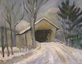 Unframed Oil on Canvas Winter View with Covered Bridge