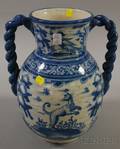 Large Blue and White Faience Twohandled Jar
