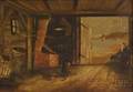 Giltwood Framed 19th Century American School Oil on Canvas Depicting a Waterfront Blacksmith Shop Interior View