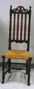 Paint Decorated Carved Wooden Bannisterback Side Chair with Woven Rush Seat