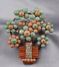 Coral Jadeite and Diamond Brooch