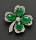 Art Deco Platinum Jadeite and Diamond Shamrock Brooch
