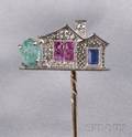 Art Deco Platinum Diamond and Gemset House Stickpin