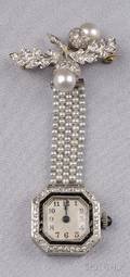 Art Deco Seed Pearl Diamond and Onyx Pendant Watch
