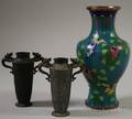 One Cloisonne Bottleform Vase and a Pair of Small Metal Vases