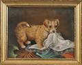 American School 19th Century Playful Puppy with White Lace Kerchief
