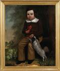 American School 19th Century Portrait of a Boy with a Dog and Holding a Red Bird