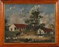 American School 19th Century Primitive Portrait with Figures and Animals in a Tropical Farming Compound