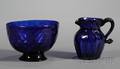 Small Blown Cobalt Blue Glass Cream Pitcher and Footed Bowl