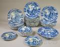 Sixtyone Piece English Blue and White Oriental Scene Transfer Decorated Staffordshire Partial Dinner Set