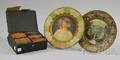 Two Chromolithograph Tin Plates and a Set of Twentyfour Miniature Gilt Leatherbound Shakespeares Works