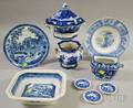 Eight Pieces of English Blue and White Transfer Decorated Staffordshire Tableware and a Chinese Canton Porcelain Serving Bowl