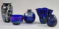 Four Contemporary Studio Iridescent Colored Art Glass Vases and a Bowl