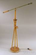 Midcentury Wood Brass and Rattan Swingarm Floor Lamp