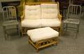 Pair of Industrial Design Metal Side Chairs and a Rattan Settee with Upholstered Cushions and Ottoman