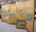 Japanese Painted Village Scene on Paper SixPanel Folding Floor Screen