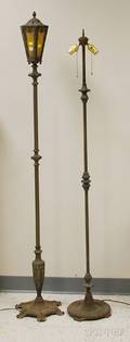 Salem Bros Art Deco Brass Plated Cast Metal Floor Lamp and Standing Floor Sconce with Amber Glass Panels