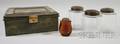 Metal Plantation Box with Paneled Lid a Set of Three Colorless Glass Kitchen Canisters with Tin Lids and an Amber Molded Glass Jar