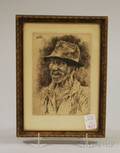Small Framed Etched Portrait of a Man Wearing a Hat