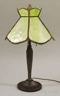 Painted Cast Metal Table Lamp with Slag Glass Panel Shade