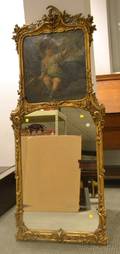 Louis XV Style Carved Giltwood Trumeau Mirror with Painted Child and Bird Genre Scene Decorated Canvas Panel