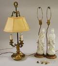Pair of Blanc de Chine Deity Figural Table Lamps and a French Giltbronze ThreeLight Boulloitte Lamp