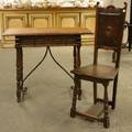 Spanishstyle Carved Oak and Wrought Iron Side Table and Side Chair