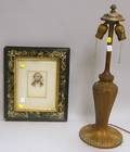 Victorian Faux Marble Black Lacquered Frame with Gilt Liner and a Painted Cast Metal and Iron Table Lamp Base
