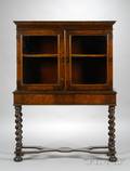 Spanishstyle Glazed Inlaid Walnutfinished TwoDoor Display Cabinet on Frame with Barleytwist Legs